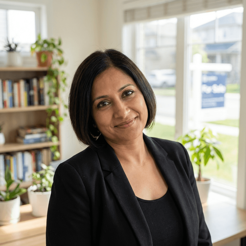 Female shop owner in her early 40s, South Asian, friendly approachable style