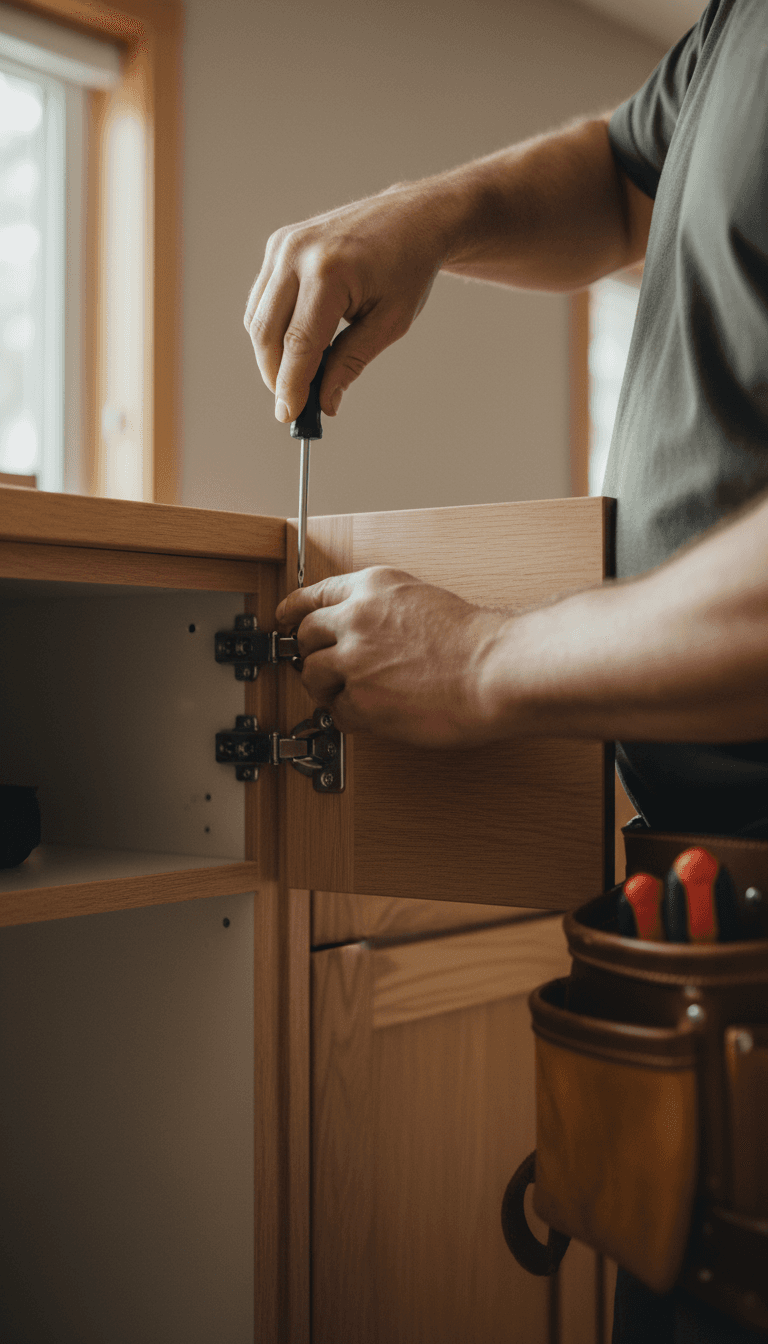 Handyman tightening a cabinet hinge with a screwdriver