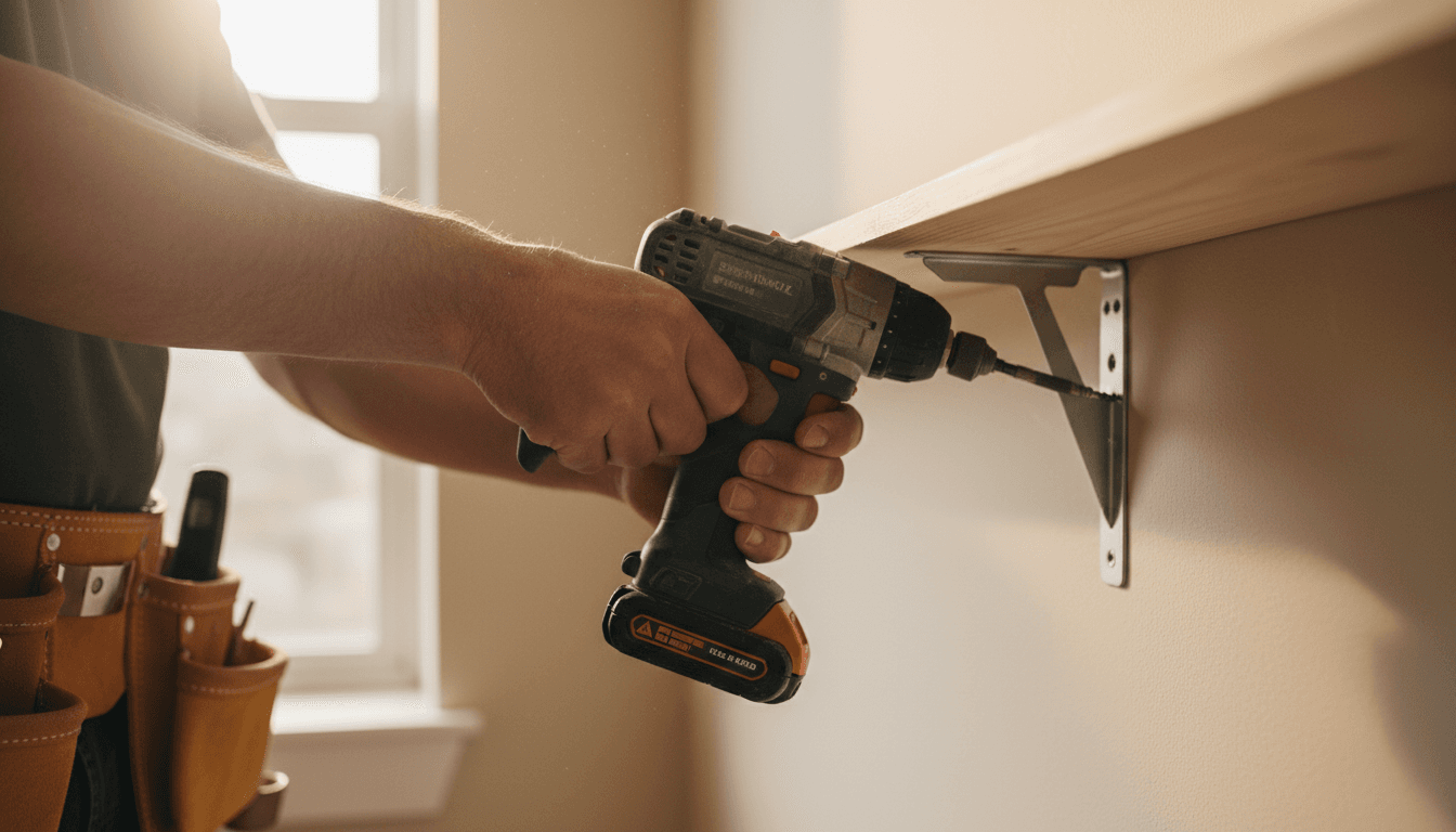 Handyman's hands using a cordless drill on a wall shelf