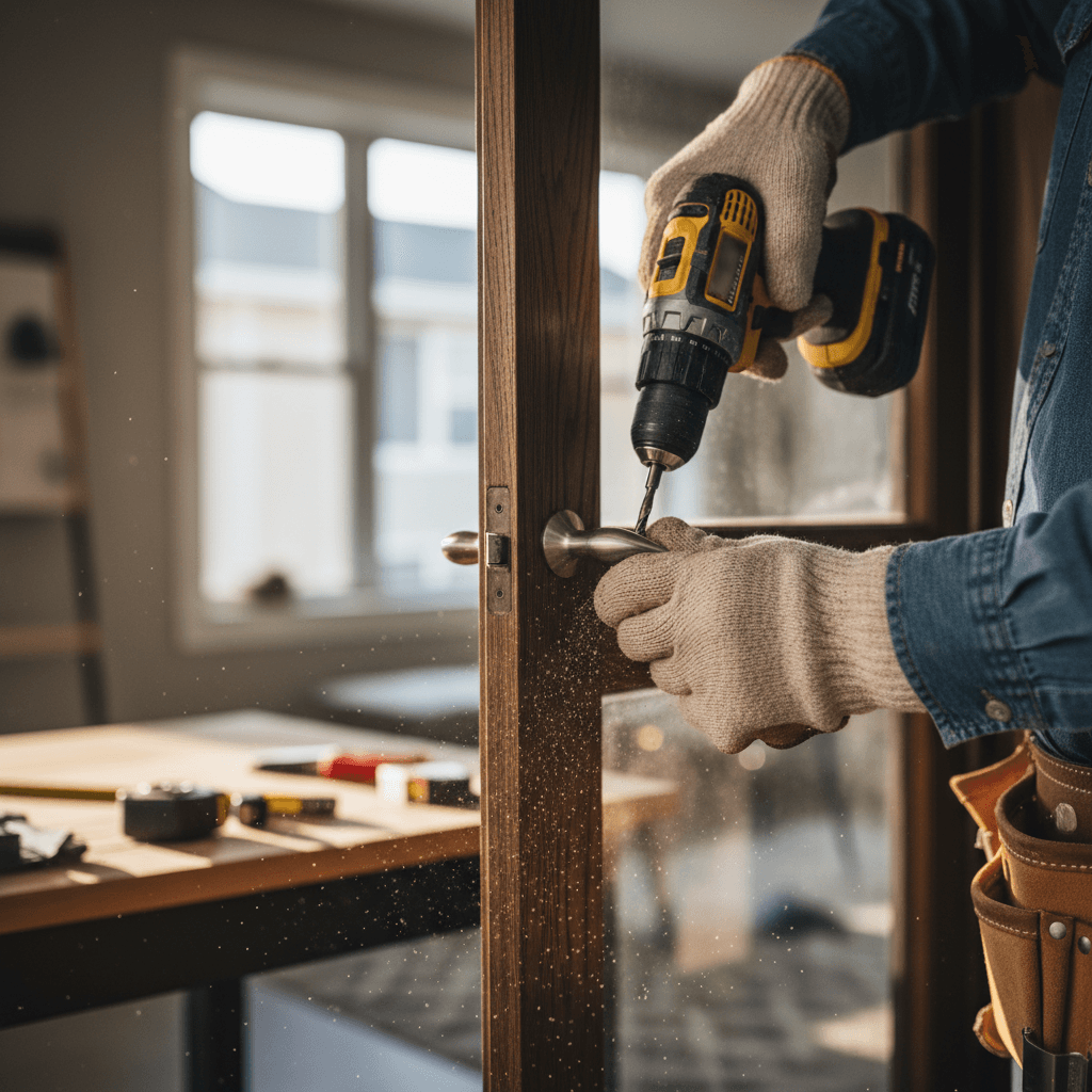 Handyman adjusting a cabinet hinge with a screwdriver
