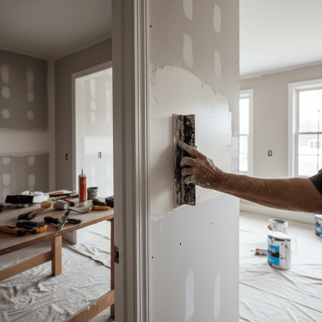 Handyman showing a completed wall repair to a homeowner in Toronto
